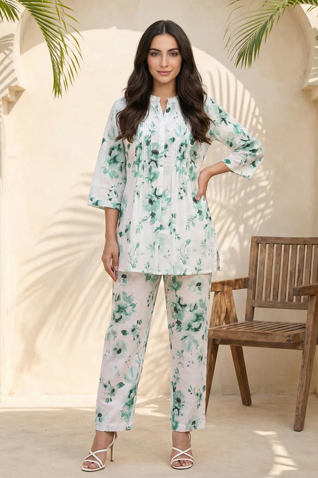 Buy White Floral Printed Pure Cotton Straight Top and Trouser Co