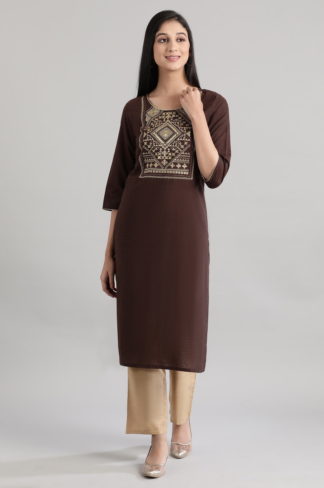 Women'S Double Layered Brown Cotton Kurta