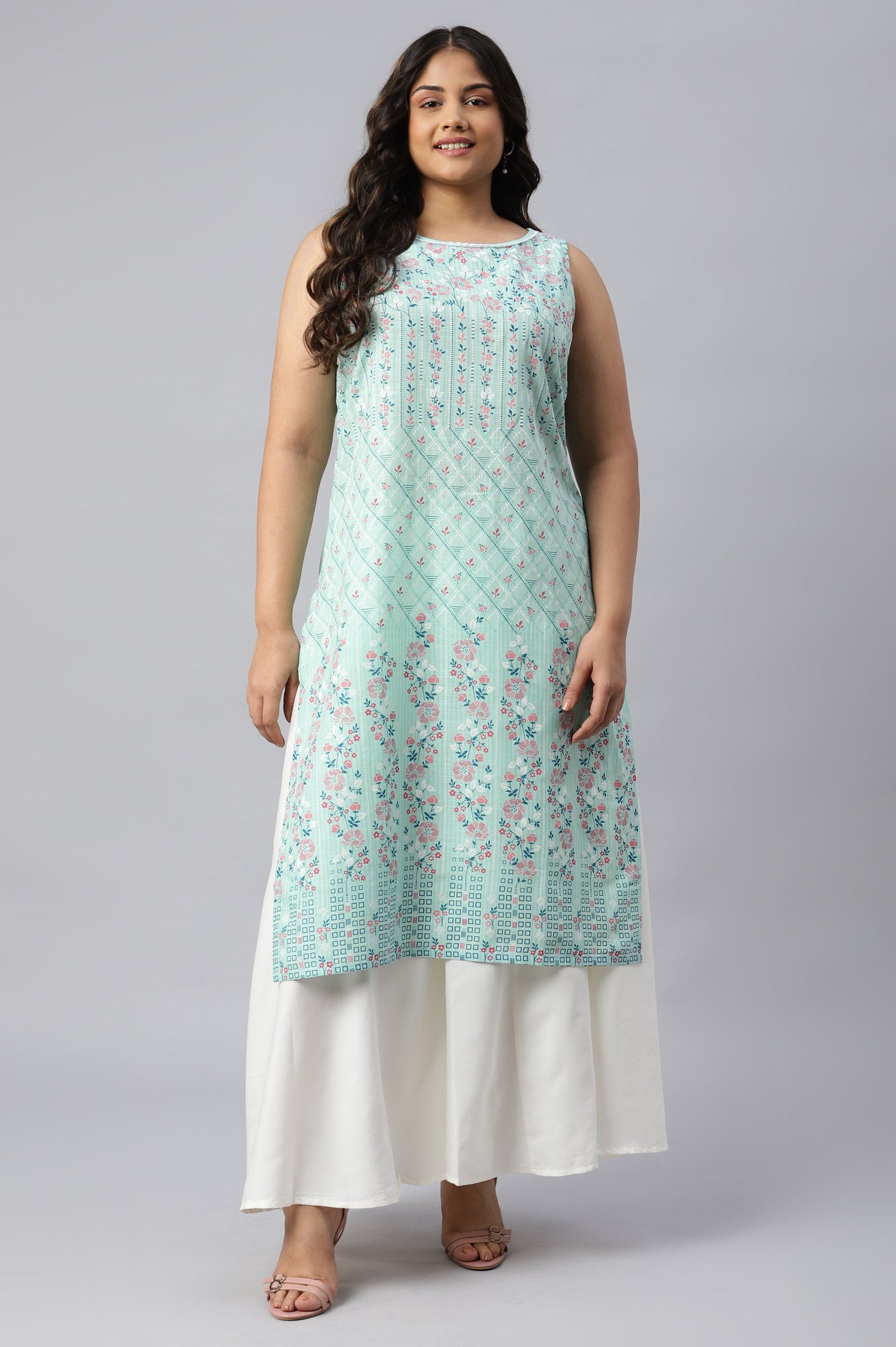 Blue Cotton Sleeveless Plus Size kurta 3XL - Main Image
