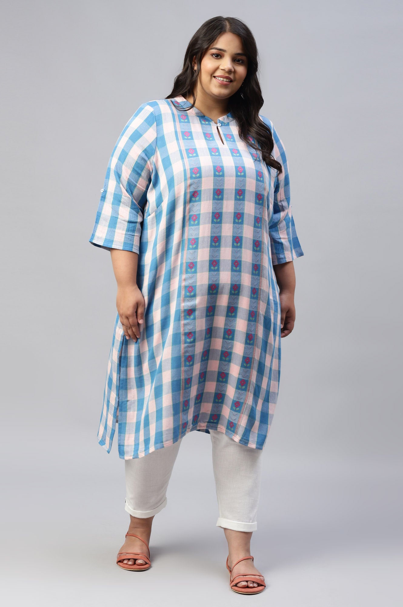 Buy Pink Yarn Dyed Mandarin Collar Plus Size kurta Online for