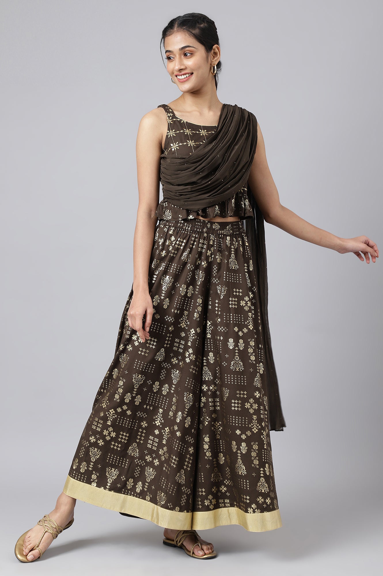 Buy Brown Crop Top with Attached Dupatta and Semi Flared Palazzo