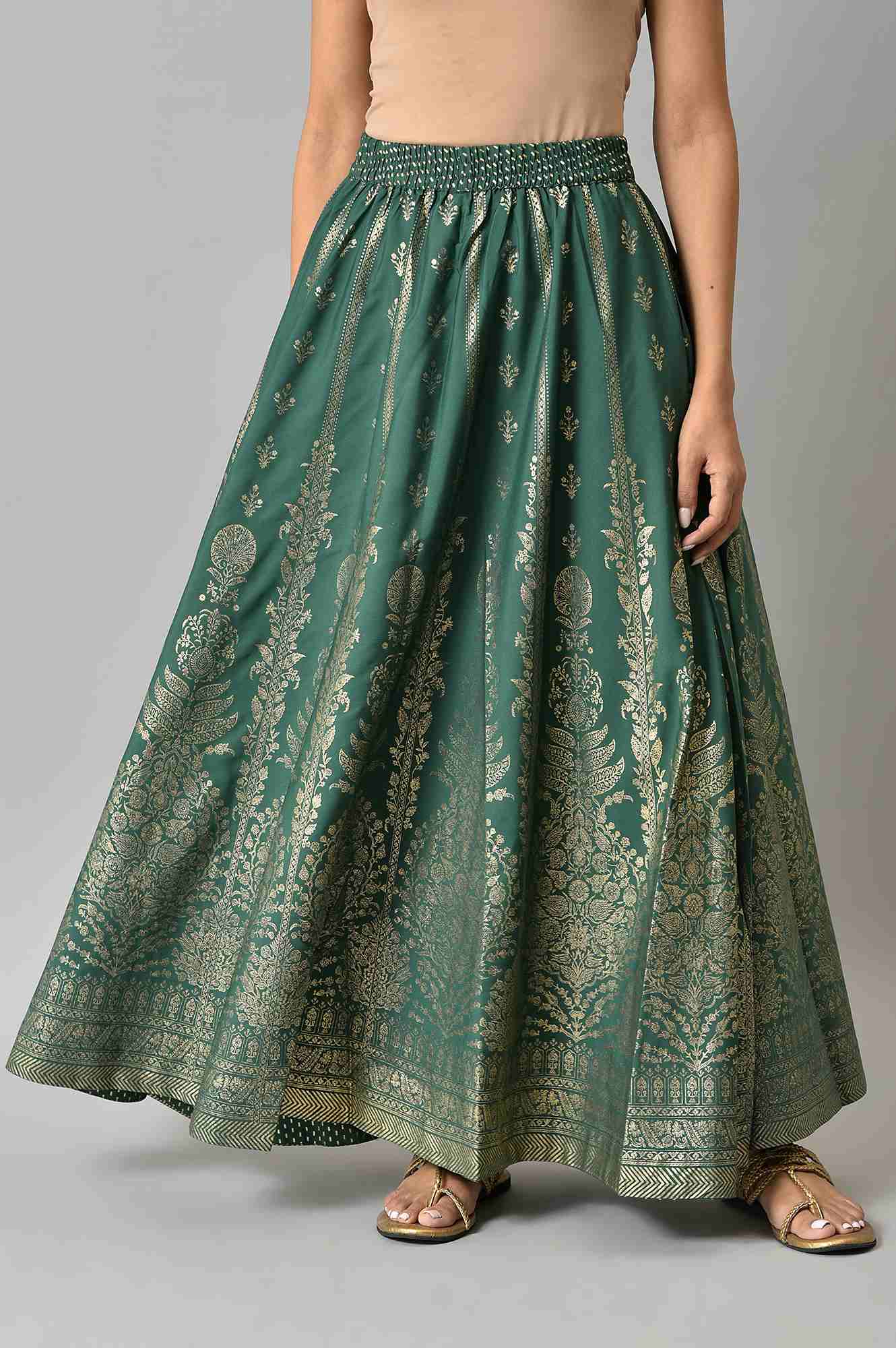 Green Floral Printed Flared Woven Skirt With Elasticated Waist XS