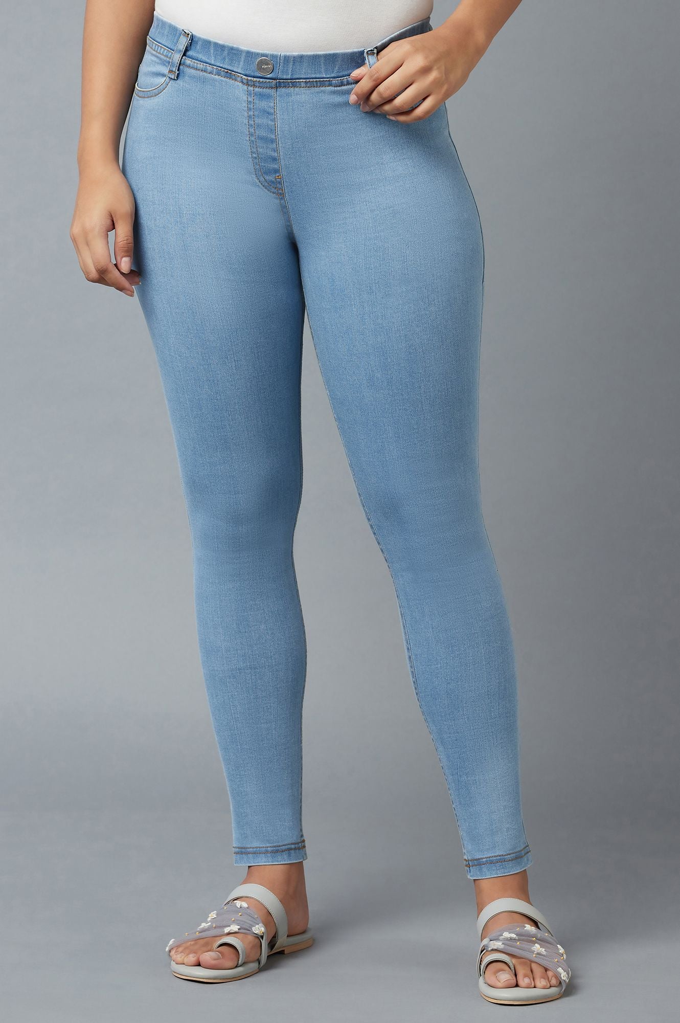 Buy Ice Blue Yarn-Dyed Denim Jeggings Online for Woman Shop for
