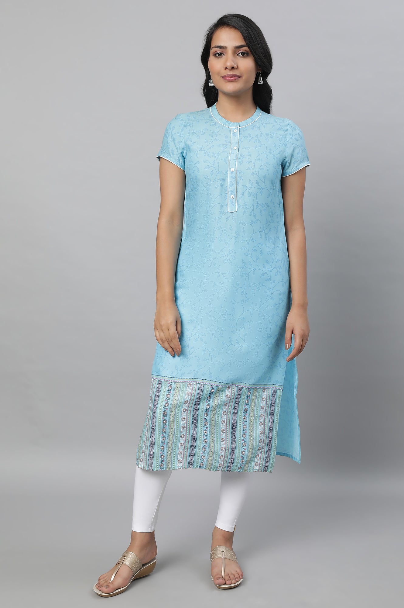 Blue Cotton Dobby A-Line Kurta And Tights Set