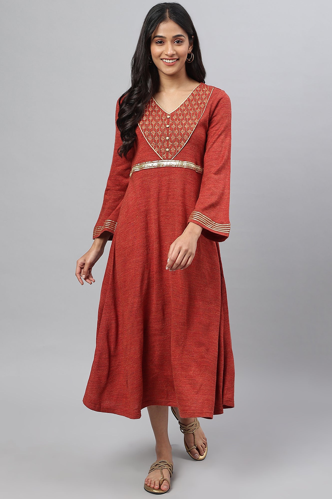 Buy Red Embroidered A-line Winter Dress Online for Woman