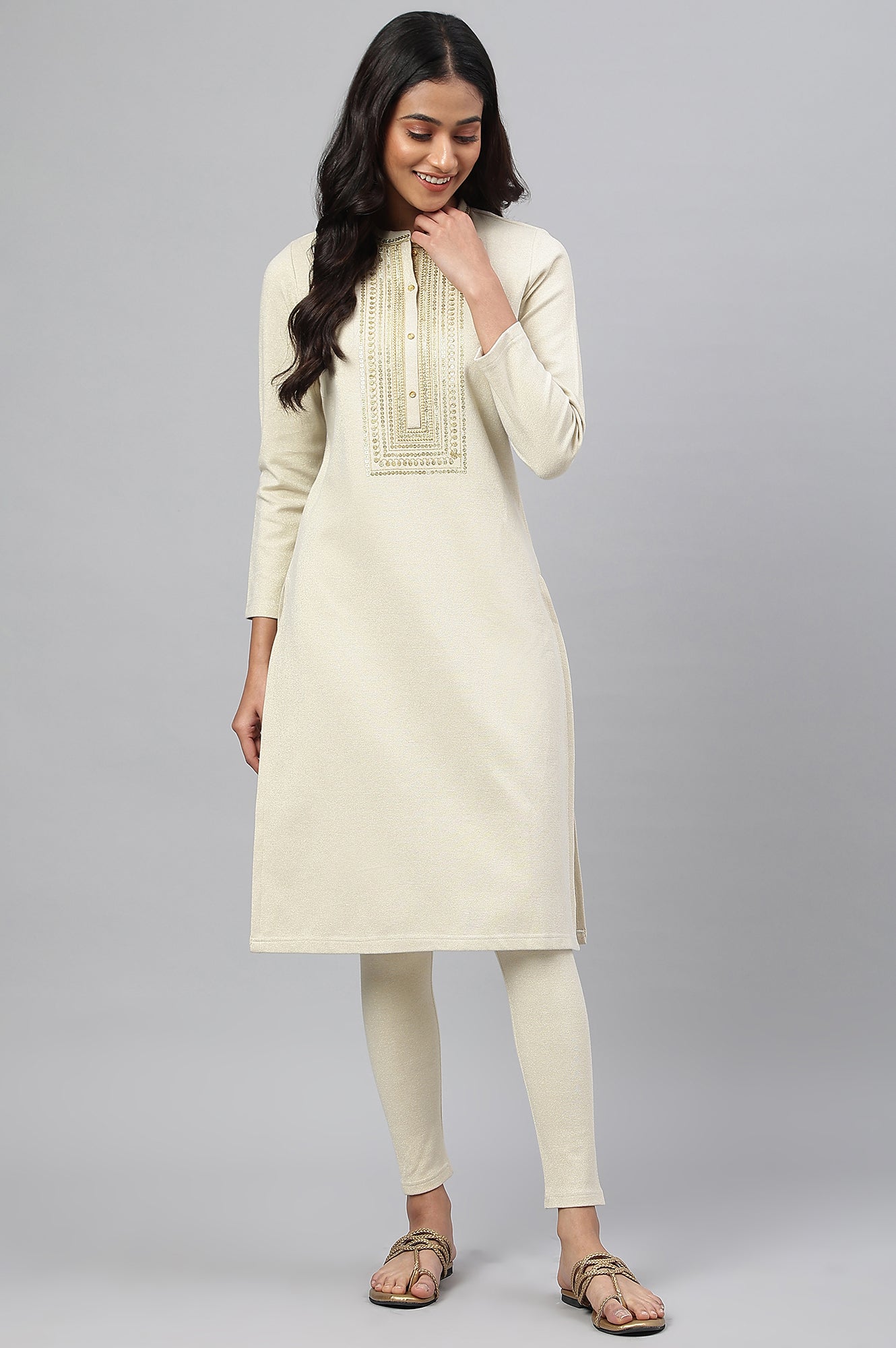 Buy White Zari Embroidered Winter kurta Online for Woman Shop