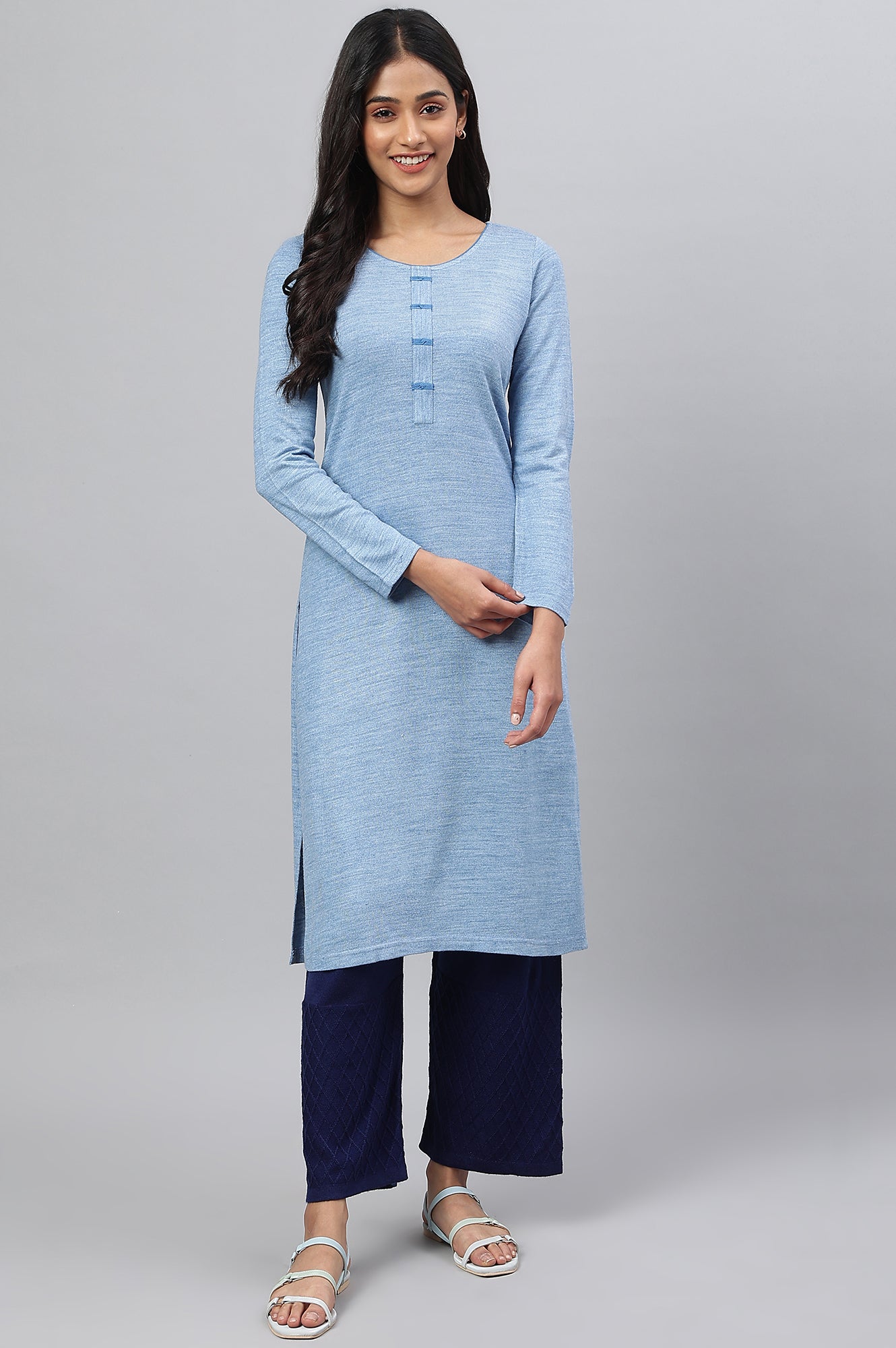 Blue Acrylic Plus Size Winter kurta 3XL - Main Image