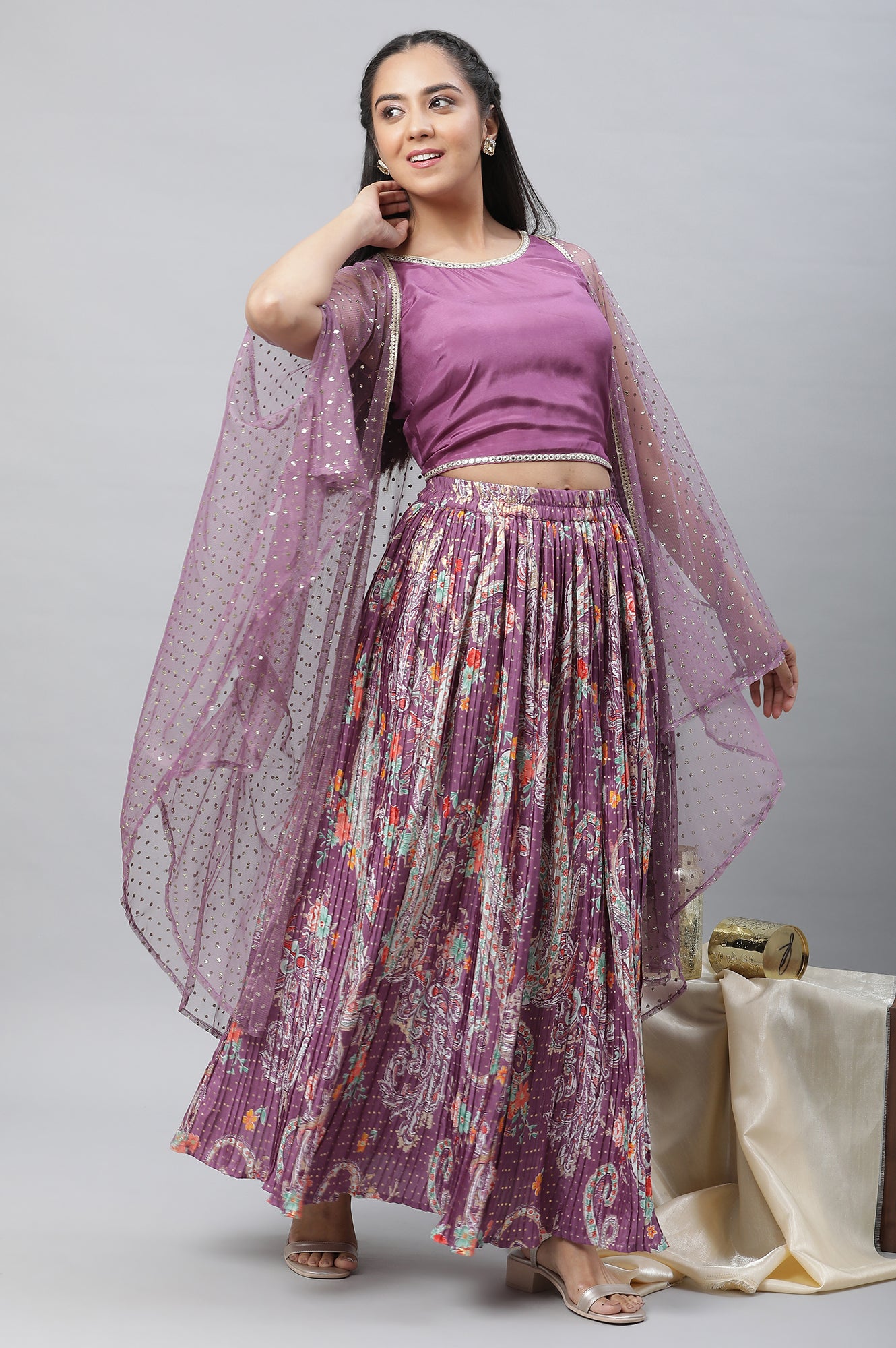 Buy Purple Net Embellished Gilet, Crop Top and Pleated Skirt Set