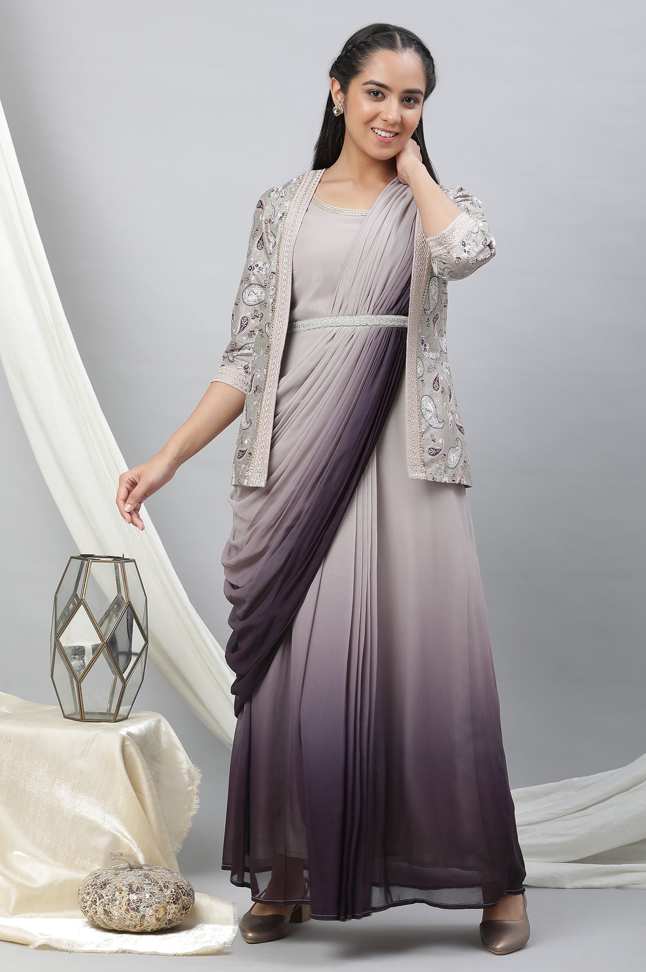 Style Ladies Winter Jacket For Saree Buy Grey Embellished Ombrey