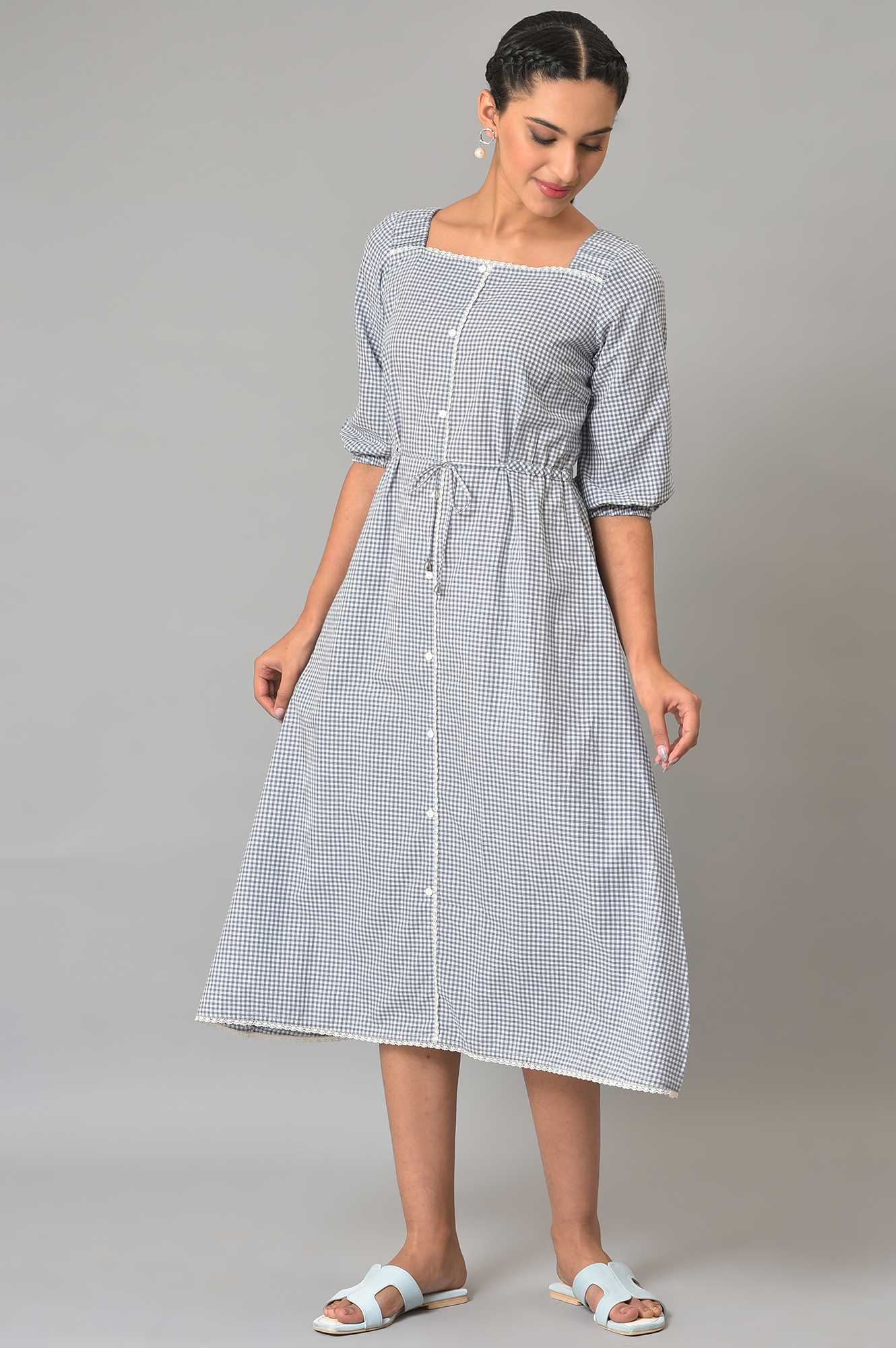 Buy White And Black Check Cotton Dress Online for Woman