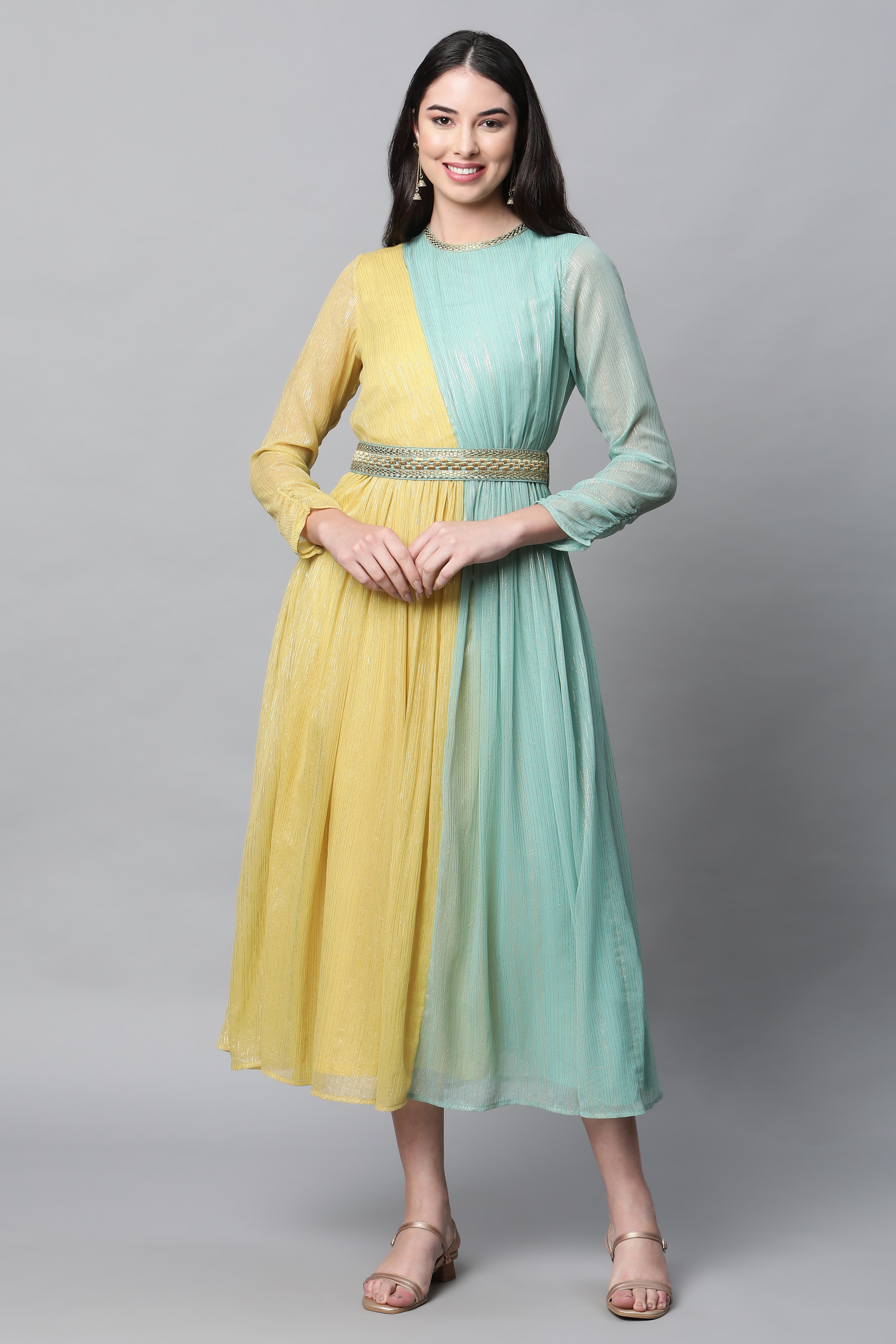 Buy Blue And Yellow Floor Length Festive Dress With Belt Online for