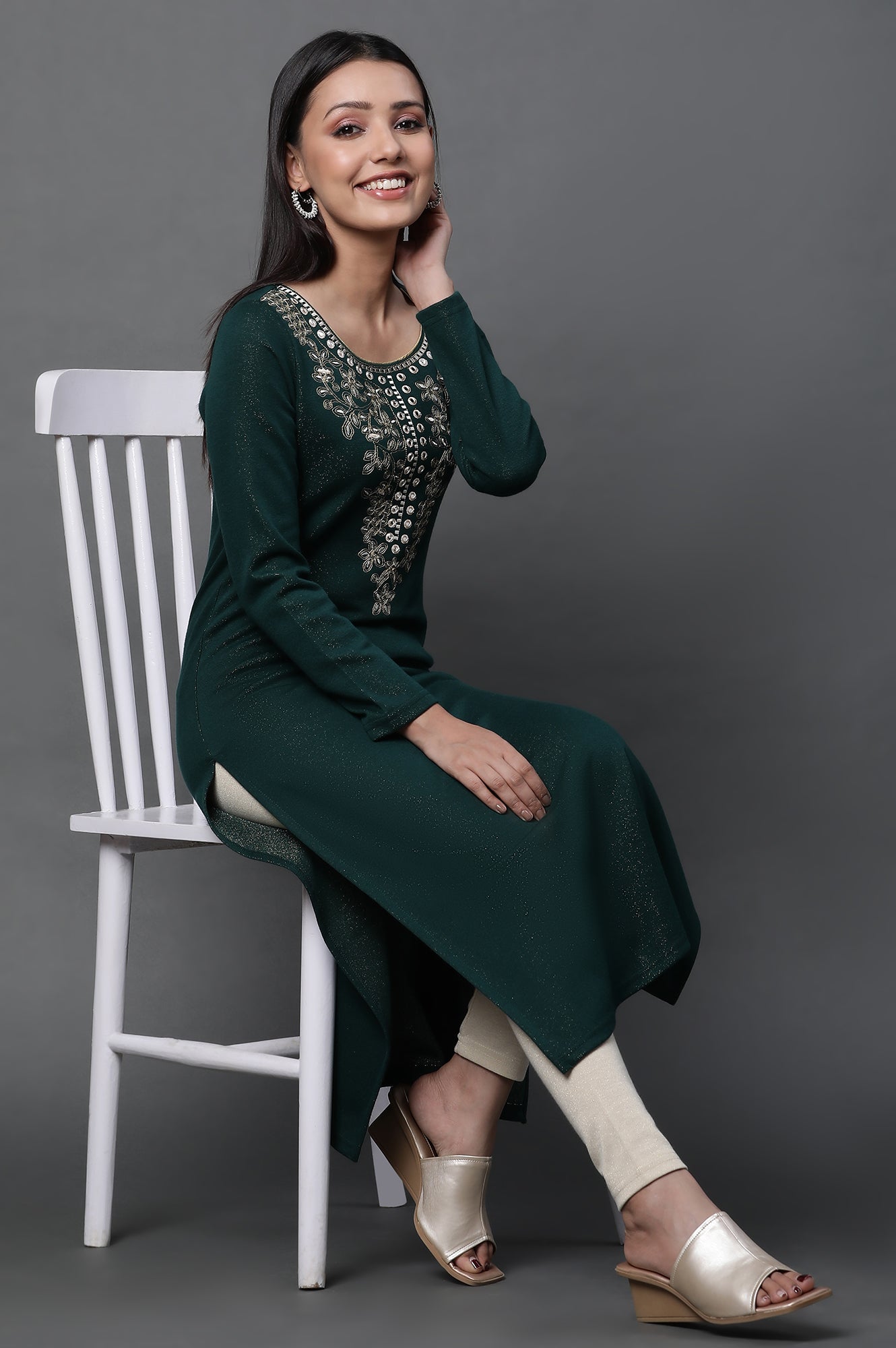Buy Green Zari Embroidered Ethnic Winter Kurta Online for Woman