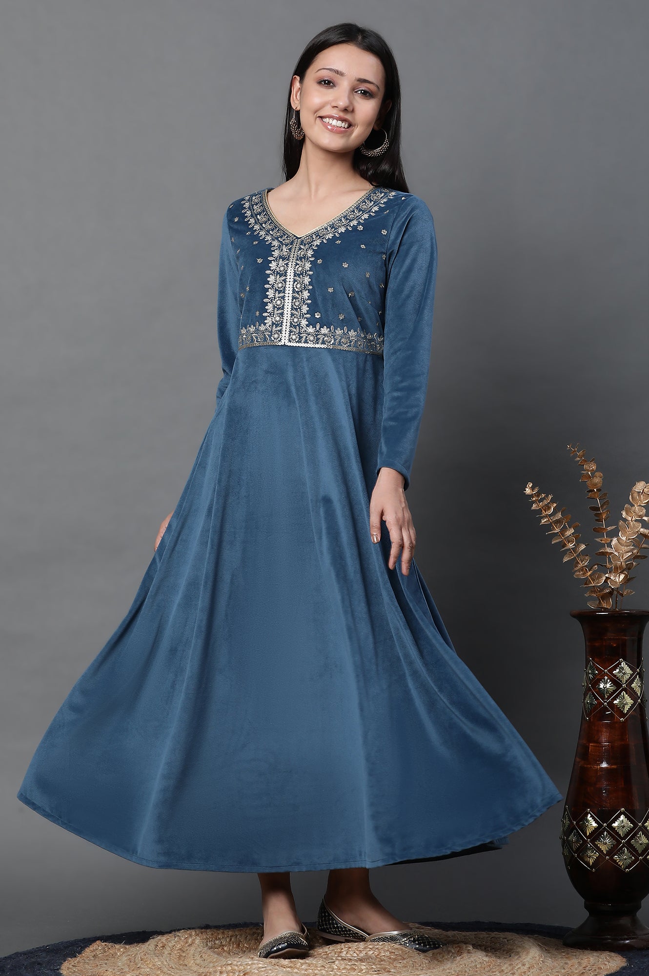 Buy Blue Embroidered Velvet Winter Dress Online for Woman