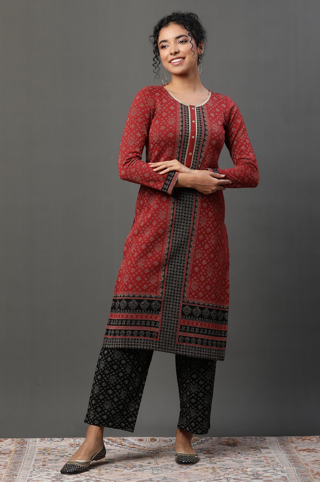 Buy Red Floral Printed Jacquard Winter Kurta and Narrow Palazzo
