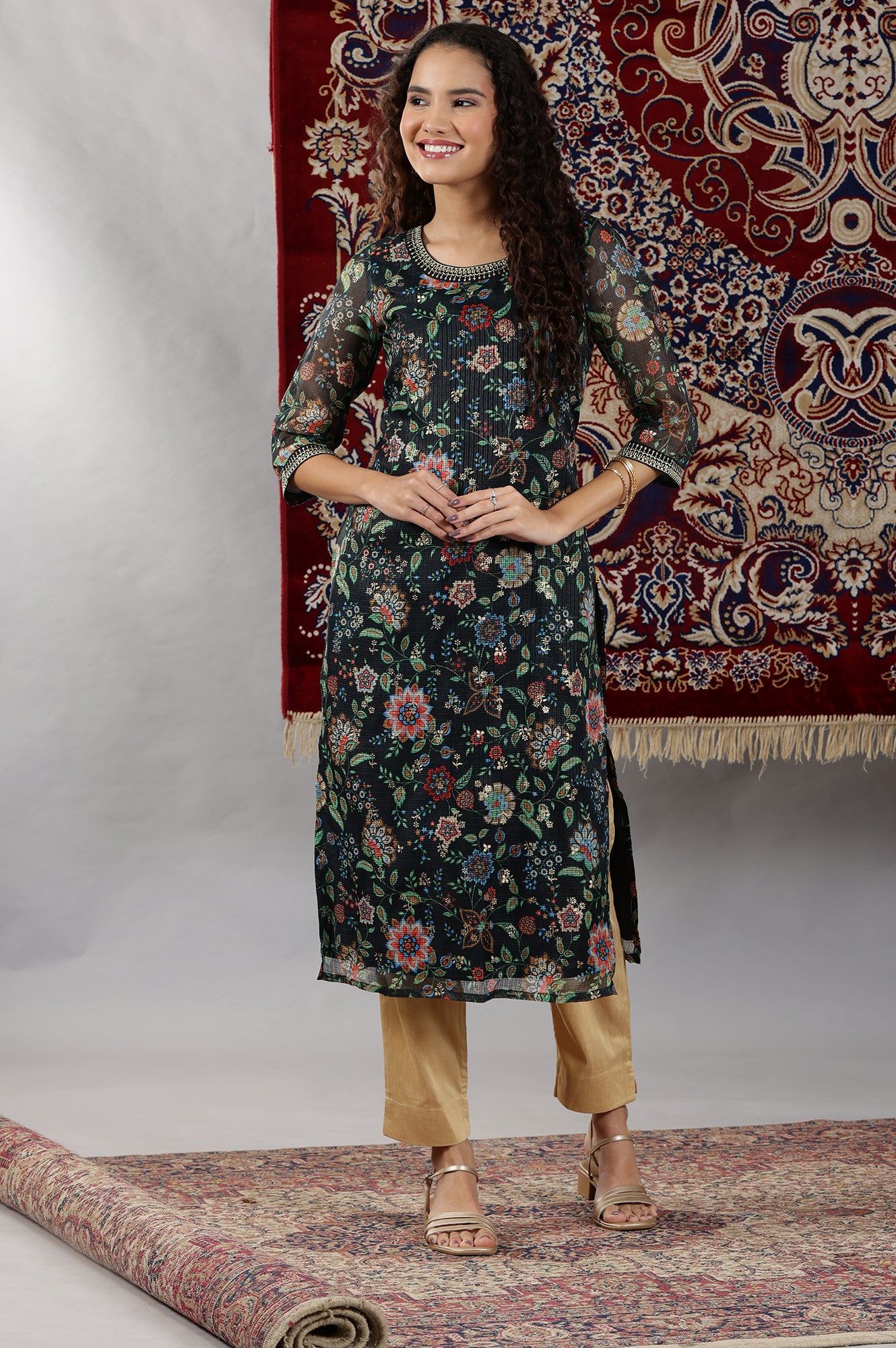 Beige Abstract Foil Printed Sequined Straight Kota Kurta
