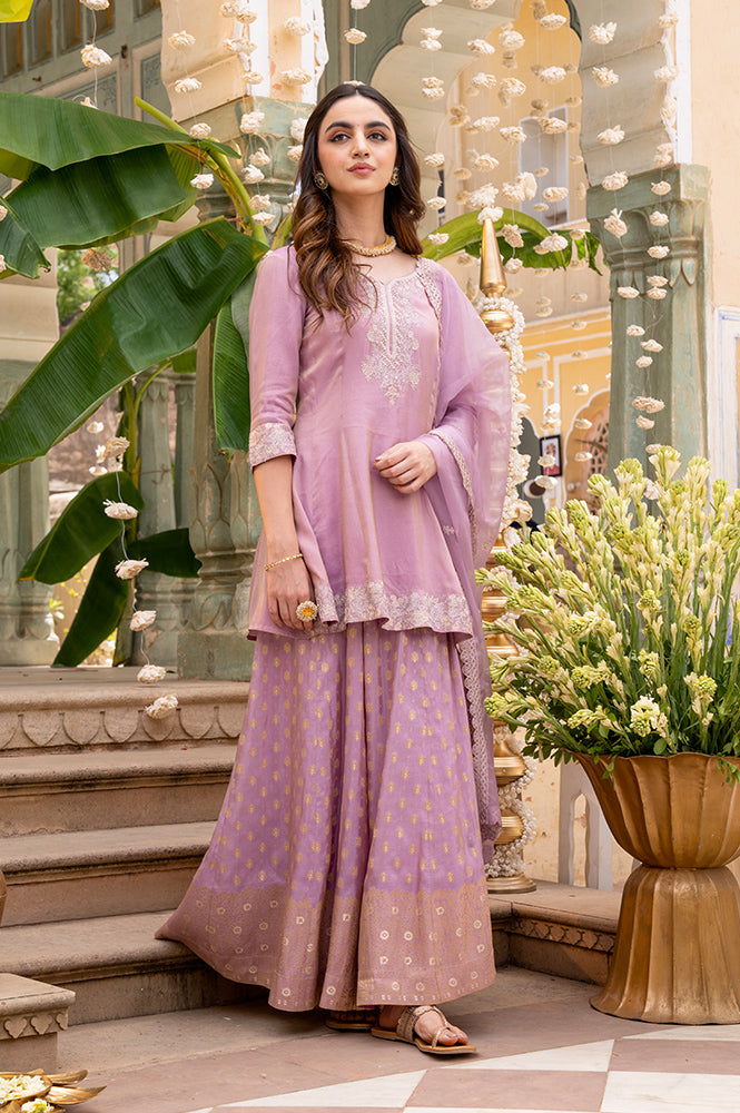 Lilac Embroidered Short Anarkali Kurti, Skirt nd Dupatta Set s