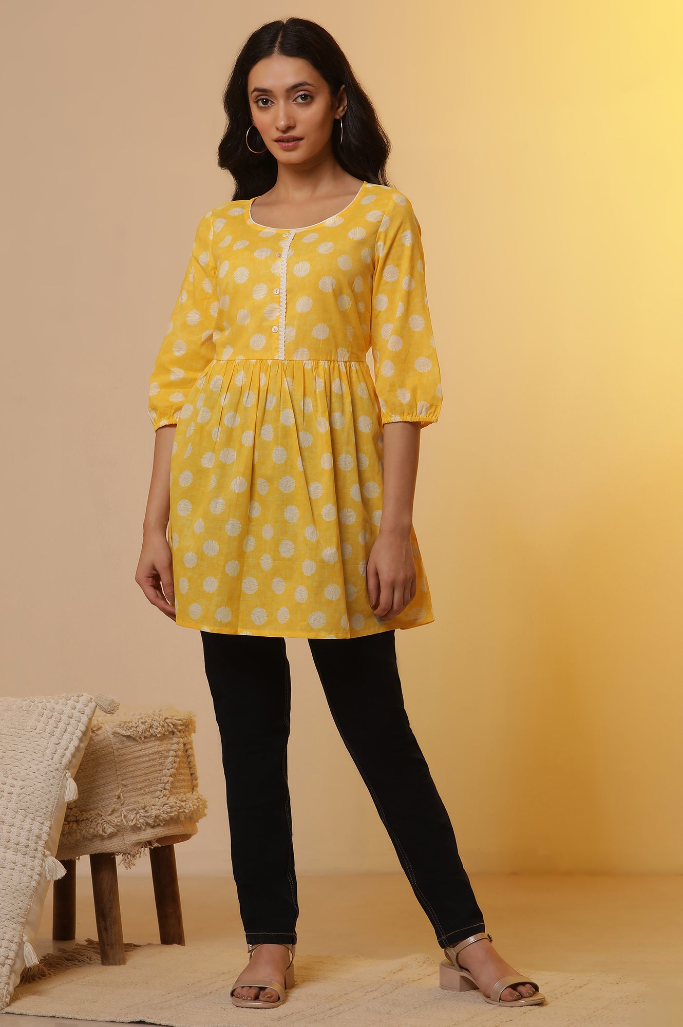 Buy Yellow Polka Dot Cotton Short Kurti and Denim Jeggings Set