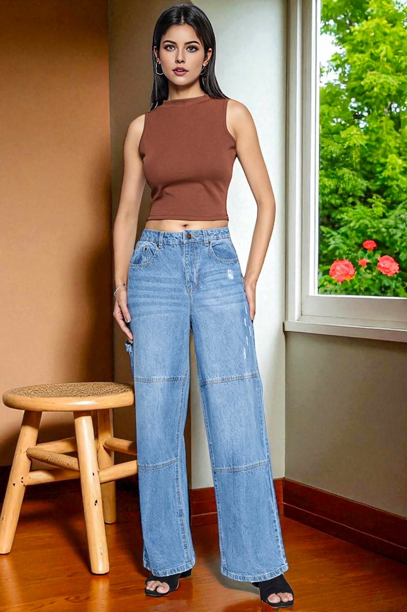 Buy Elleven Women's Light Blue Pure Cotton Flared Denim Pants with