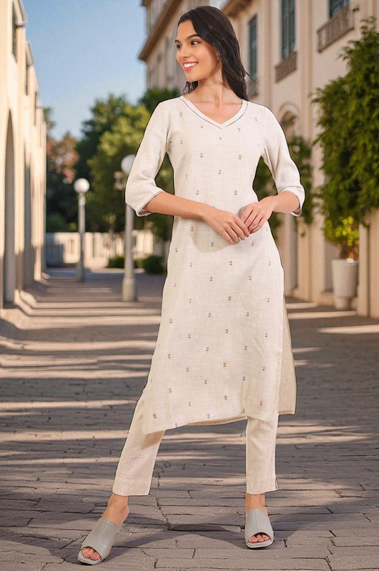 Buy Off White Printed Zari Straight Rayon Flax Kurta Online for