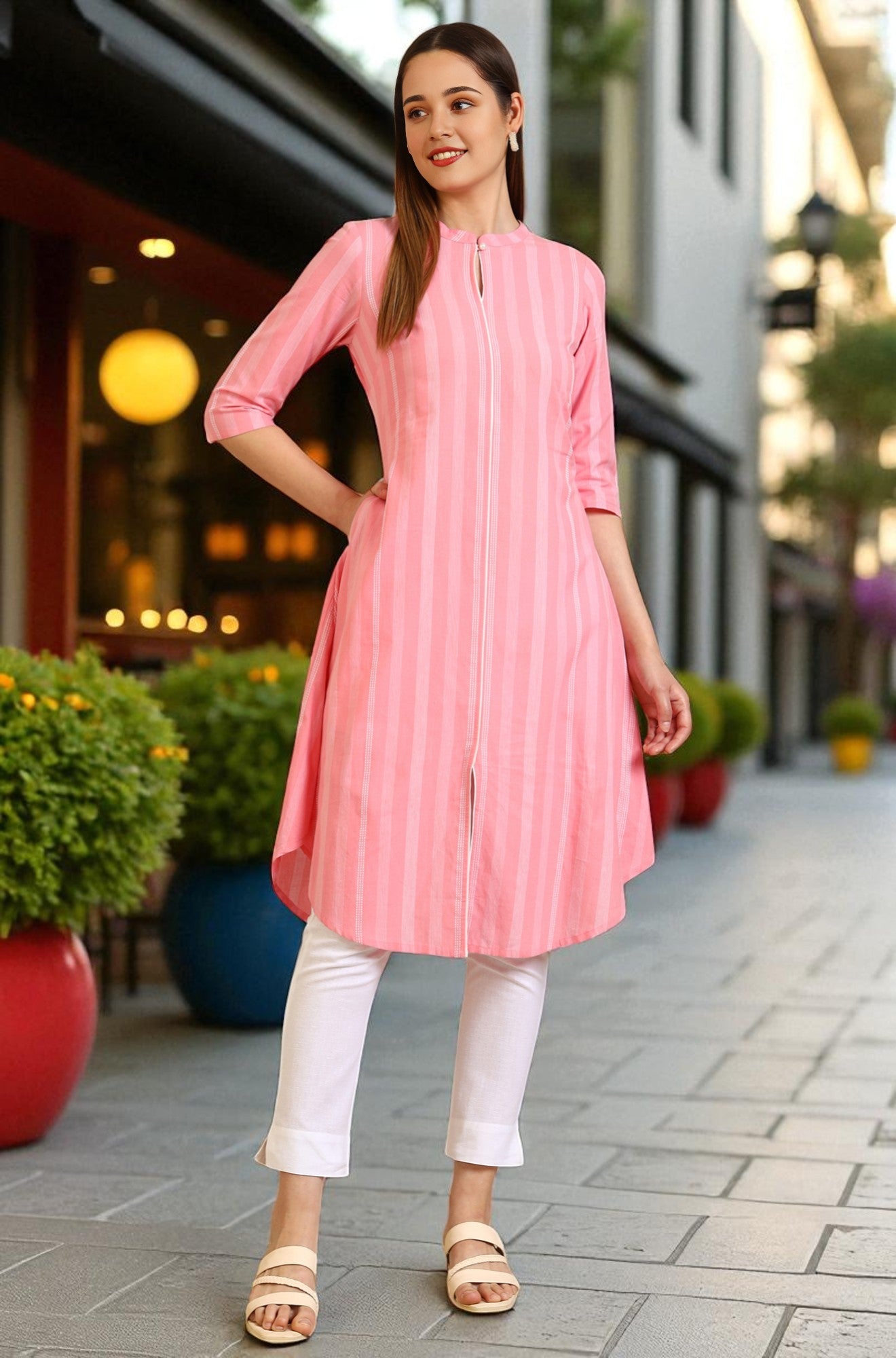 HOT Pink A Line Kurti With Jacket Buy Pink Stripe Pure Cotton A