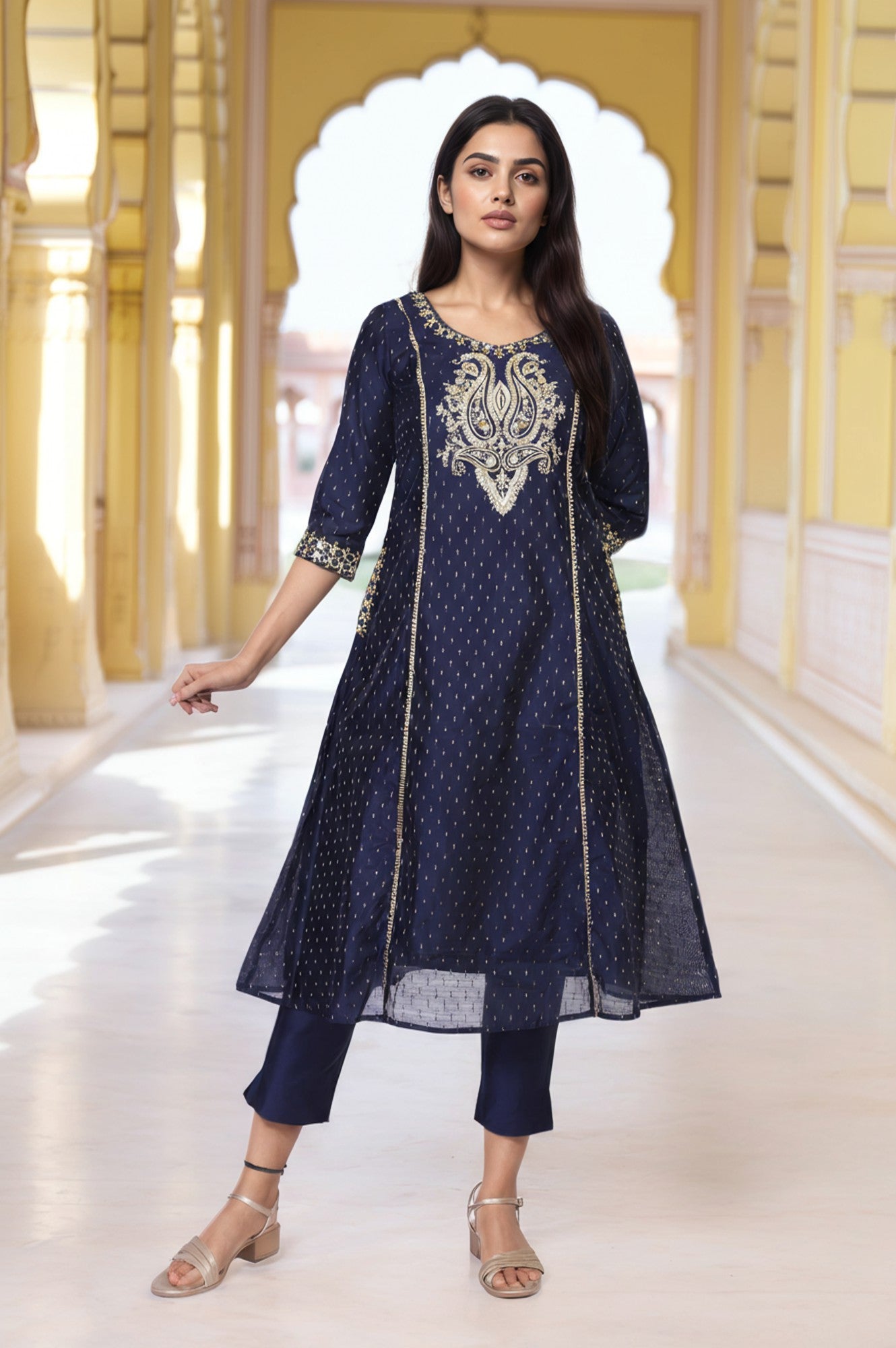 Buy Blue Embroidered A-Line Kurta Online for Woman