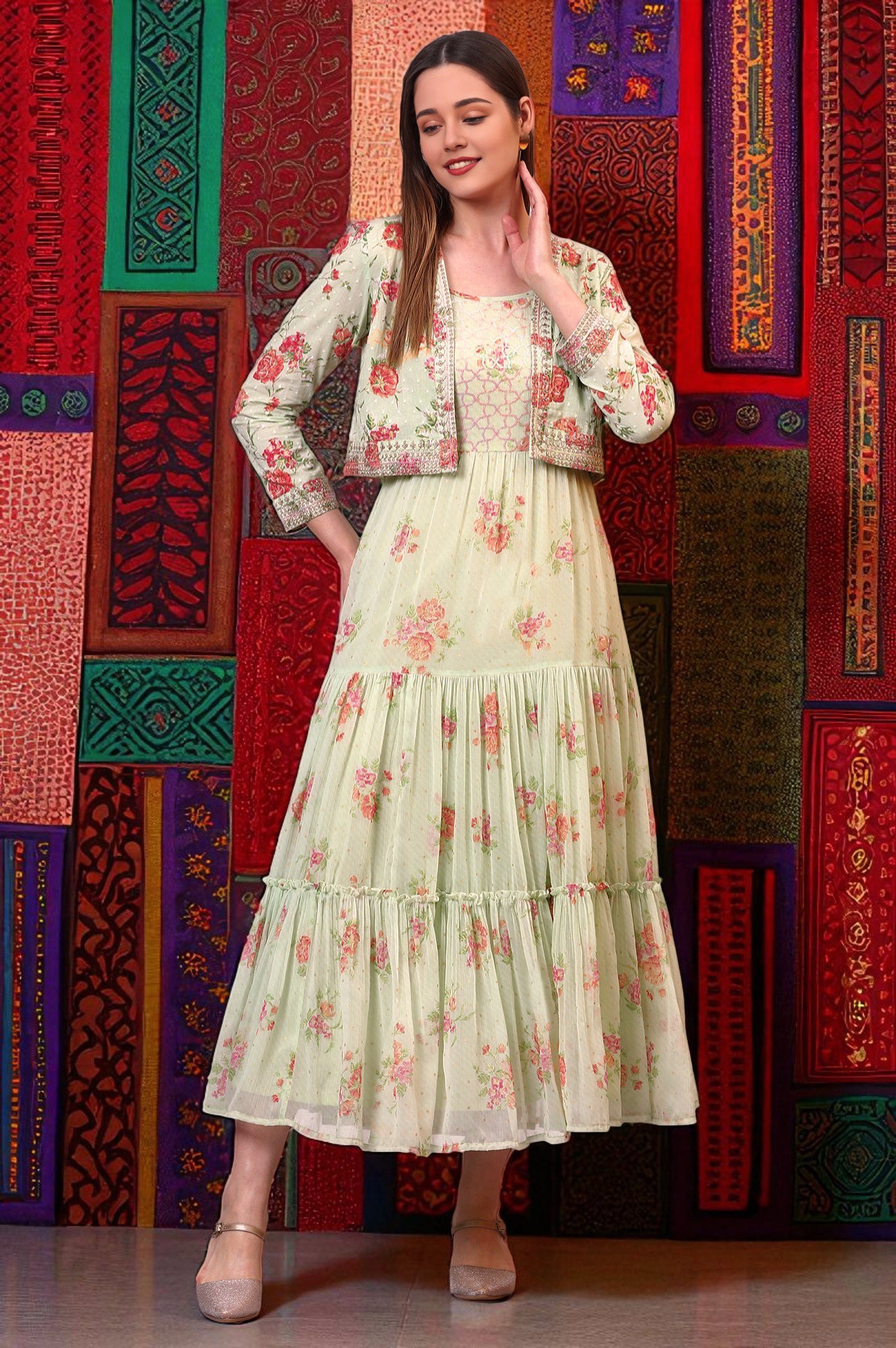 Buy Green Floral Printed Tiered Spaghetti Dress and Short Jacket