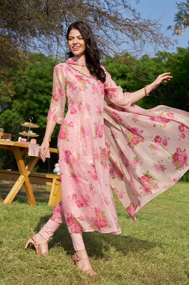 Buy Apricot Pink Floral Printed Sheer Anarkali Kurta, Leggings and