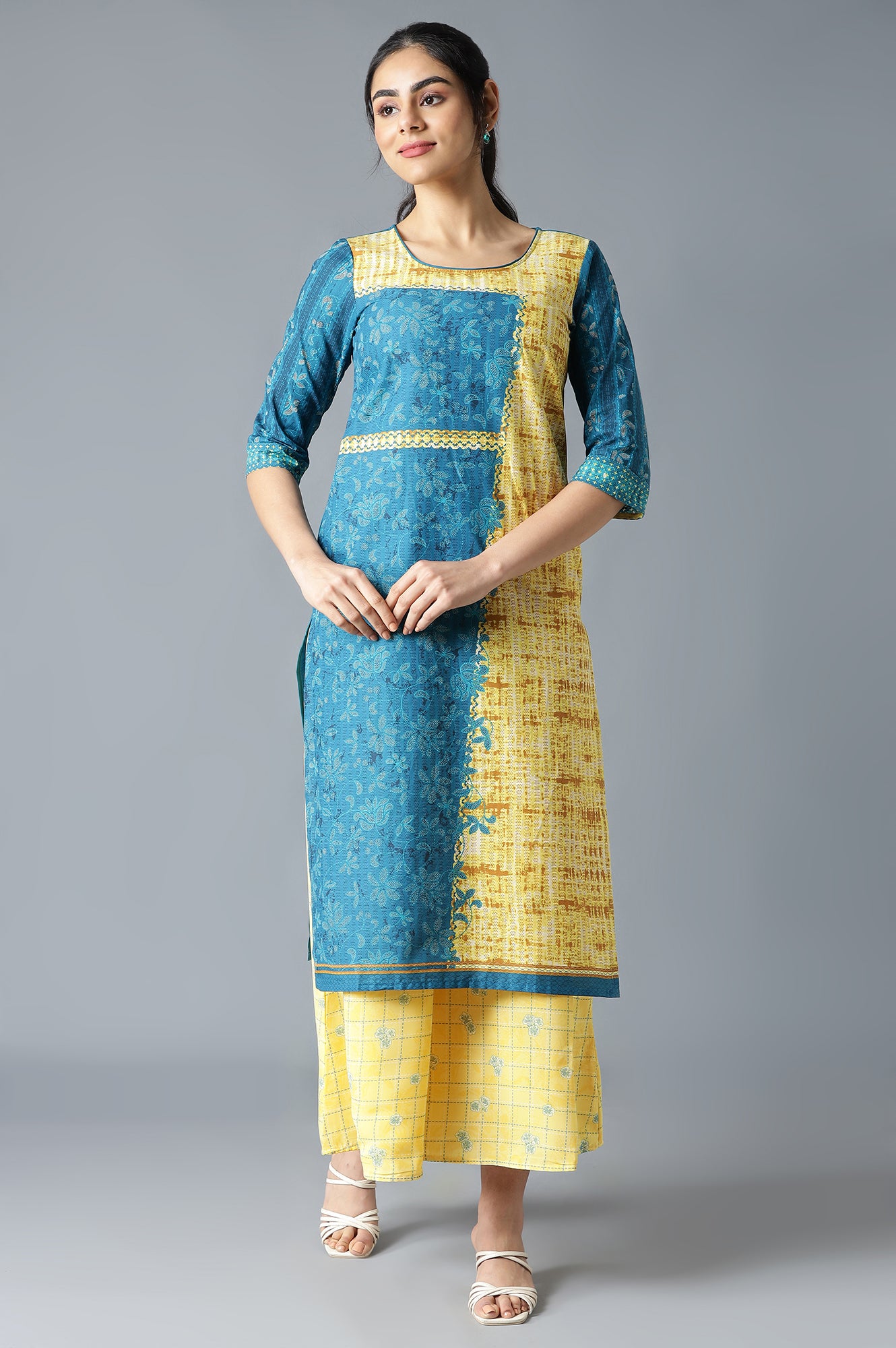 Blue Solid kurta With Yellow Printed Trousers