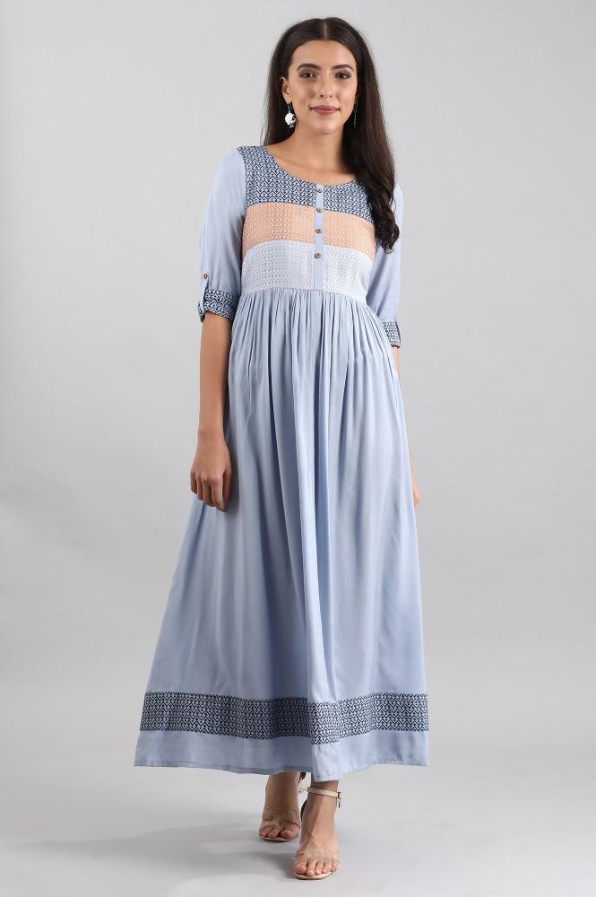 Blue Round Neck yarn-dyed Liva Dress-2