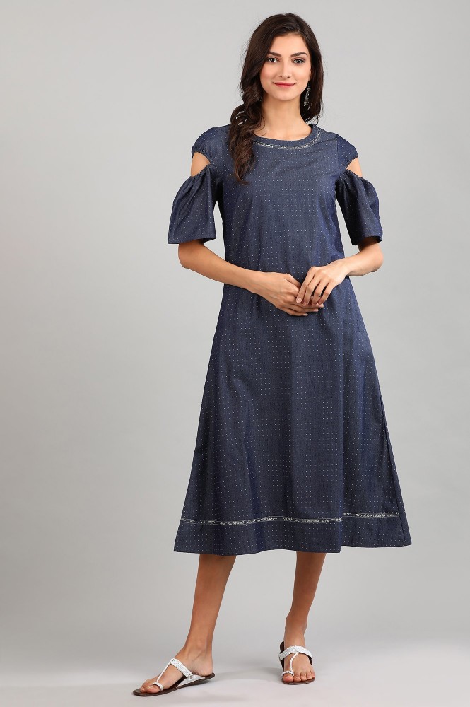 Blue A-line Yarn-dyed Dress