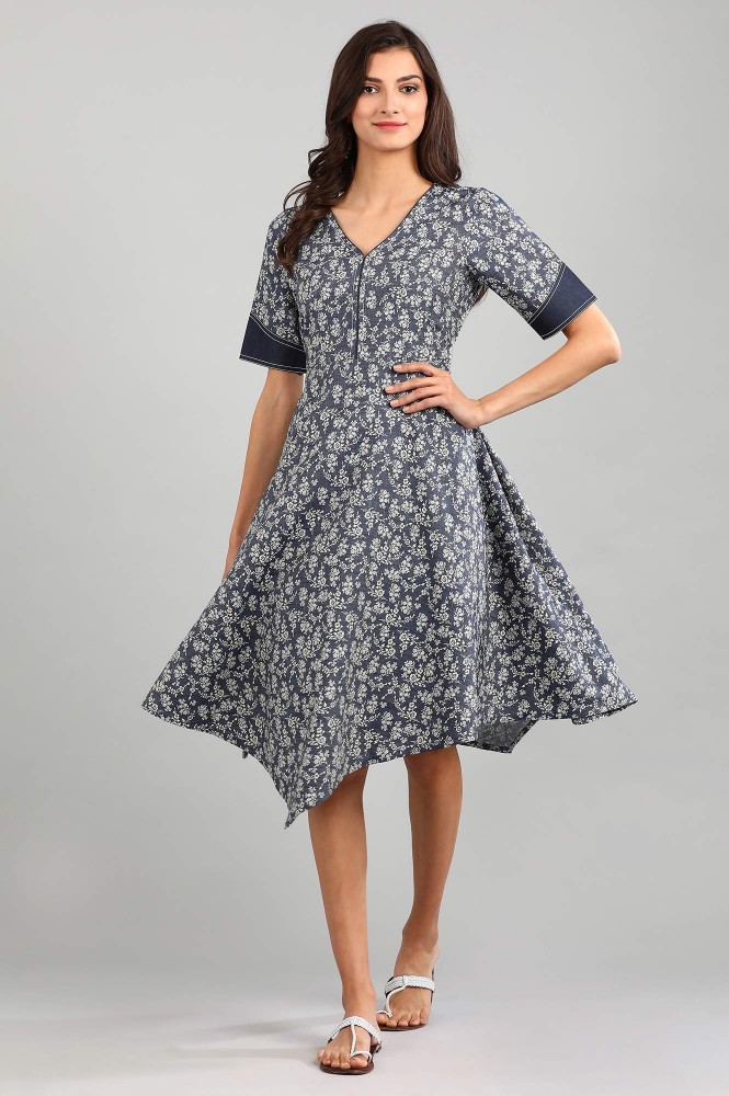 Blue V-Neck Printed Dress