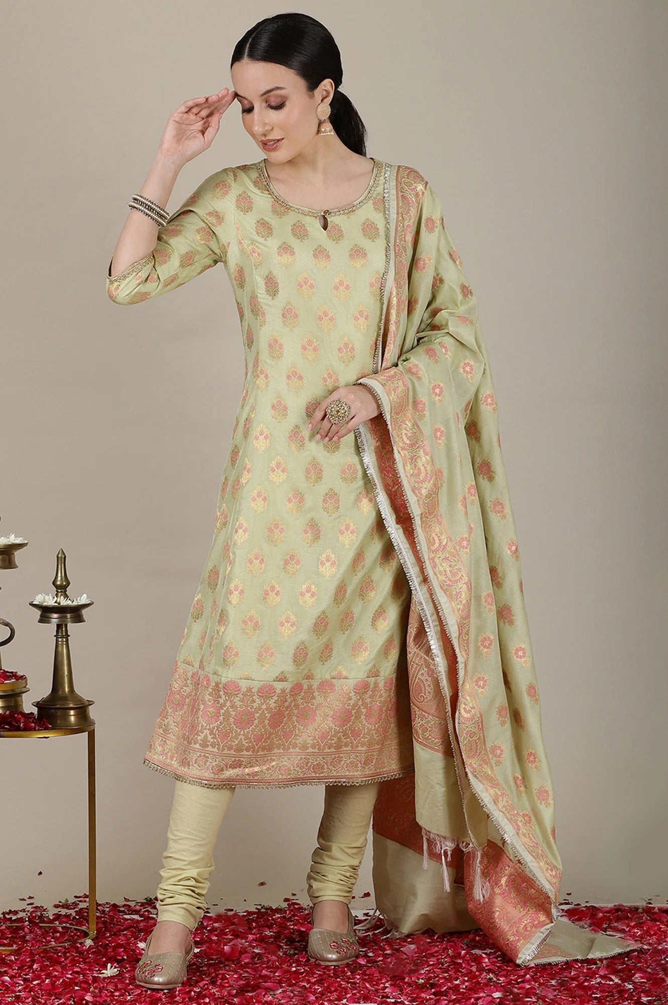 Mint Green Yarn Dyed Embroidered A-line Kurta, Churidar and Dupatta Set