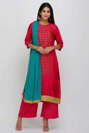 Pink Printed Round Neck kurta Set