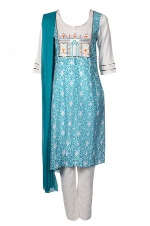 Blue &amp; White Printed kurta Set