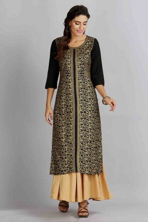 Black Printed Round Neck kurta Set