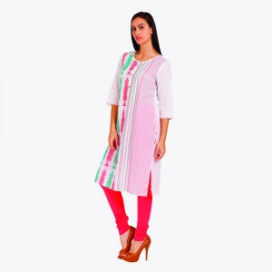 White Round Neck Printed kurta