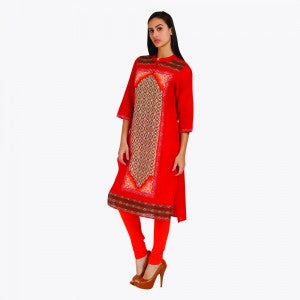 Red Printed Mandarin Neck kurta