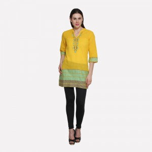 Yellow Mandarin Neck 3/4 Sleeve Printed kurta