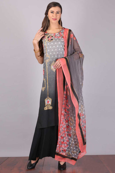 Black & Grey Printed Round Neck kurta Set