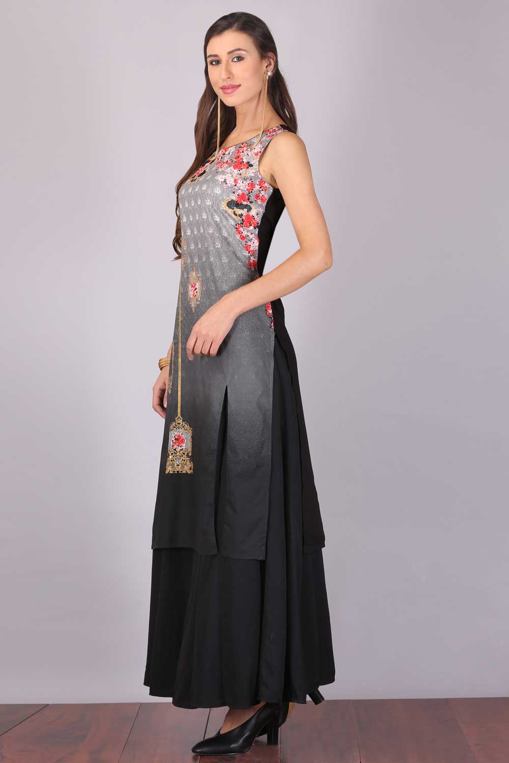 Black &amp; Grey Printed Round Neck kurta Set