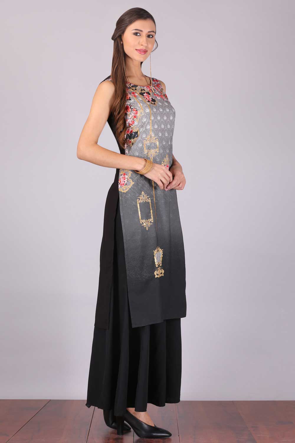 Black &amp; Grey Printed Round Neck kurta Set