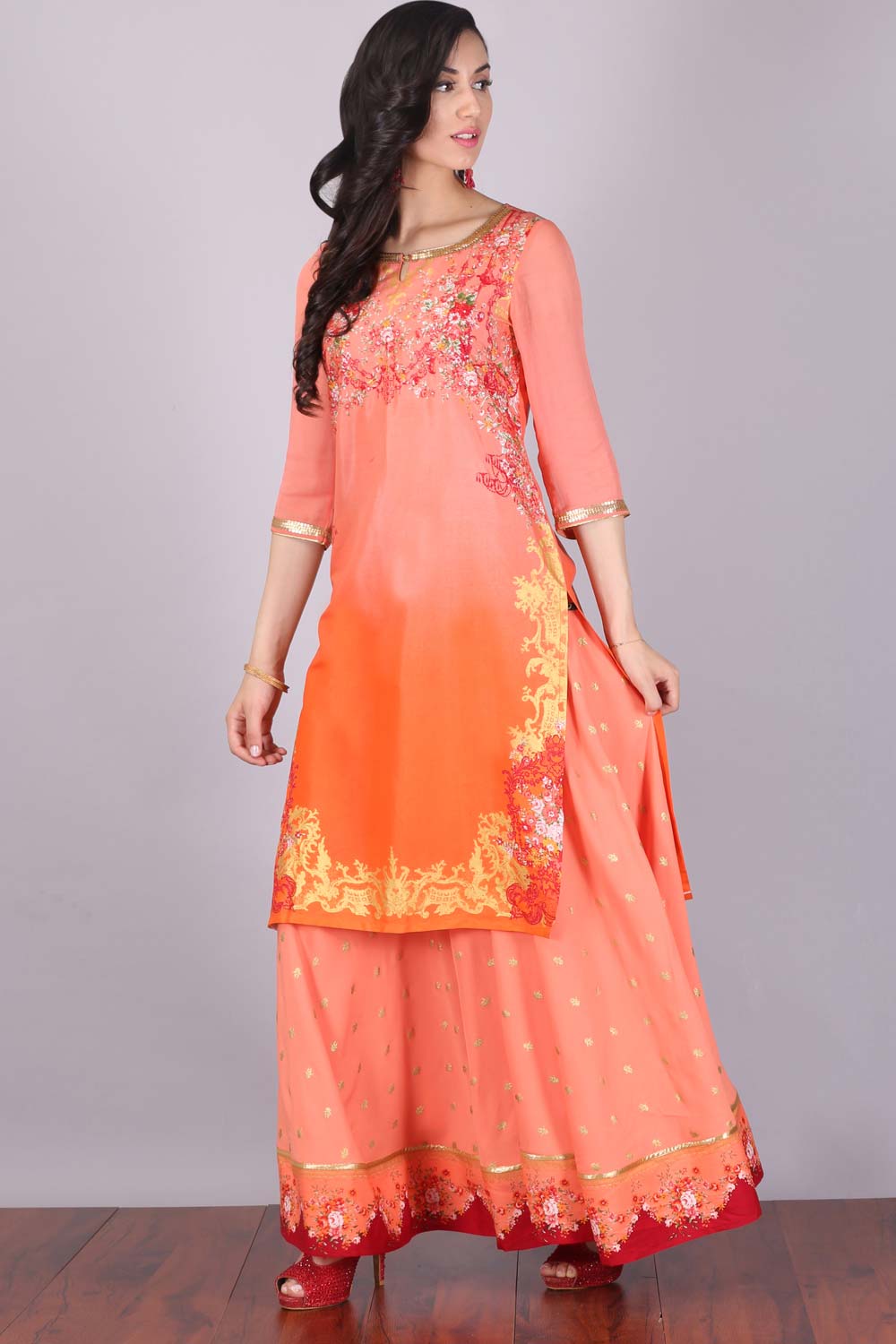 Peach Printed kurta Set