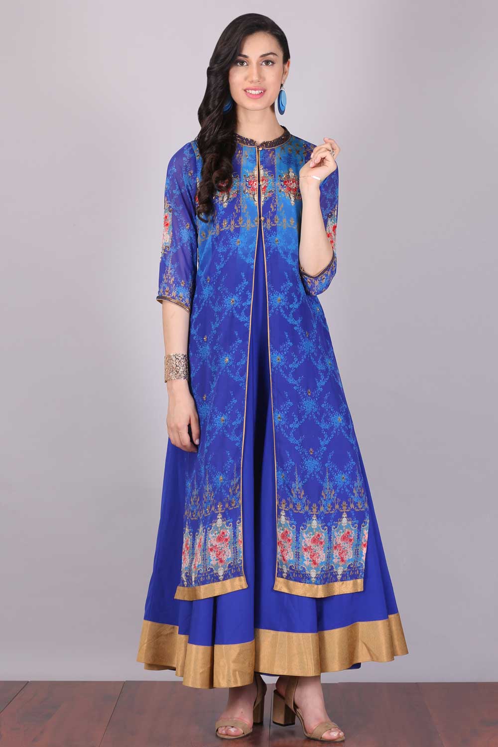 Blue Printed Mandarin Neck kurta Set