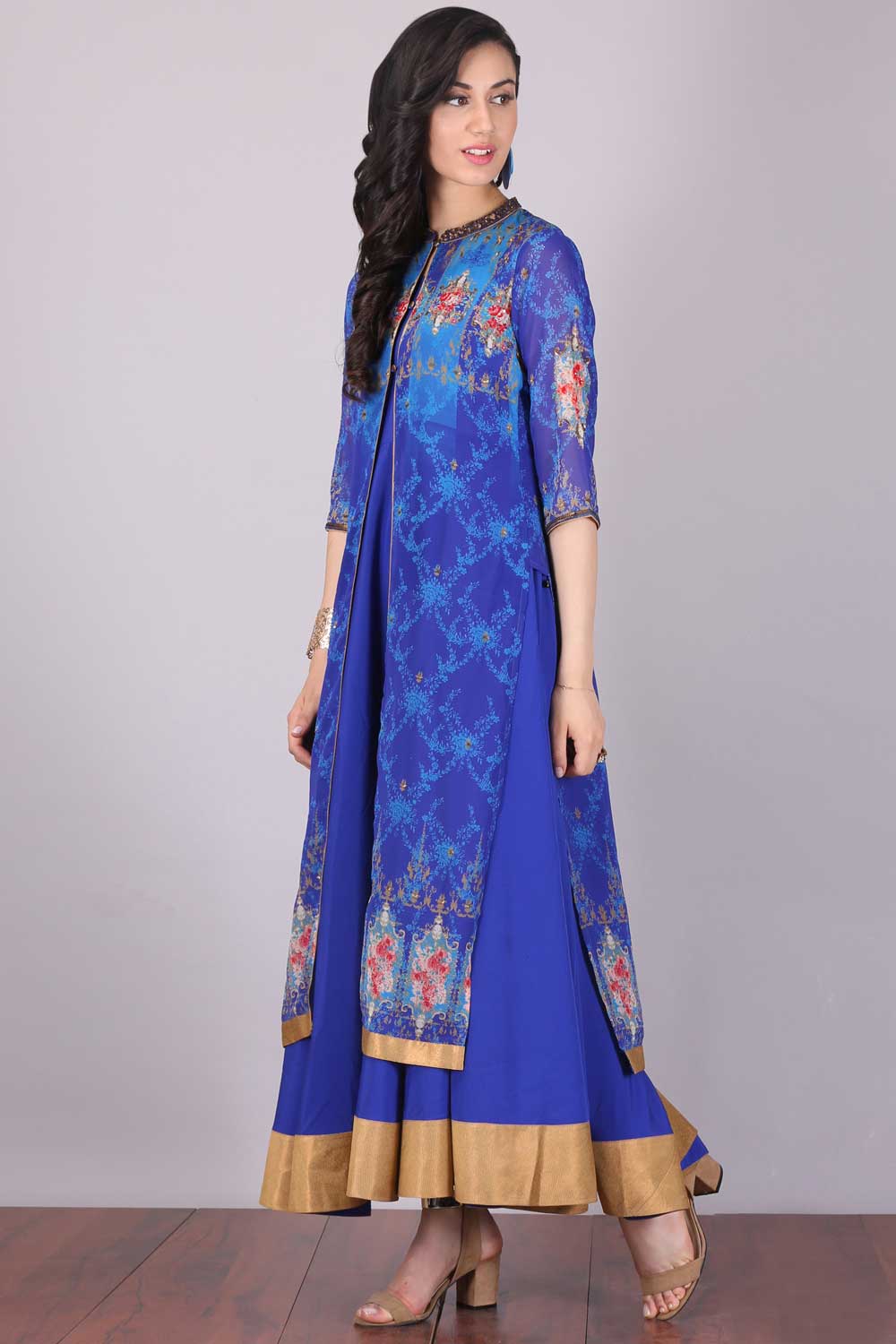 Blue Printed Mandarin Neck kurta Set