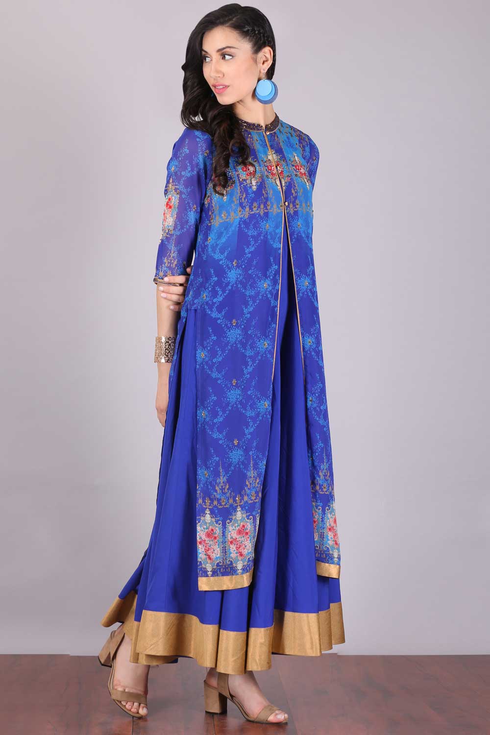 Blue Printed Mandarin Neck kurta Set