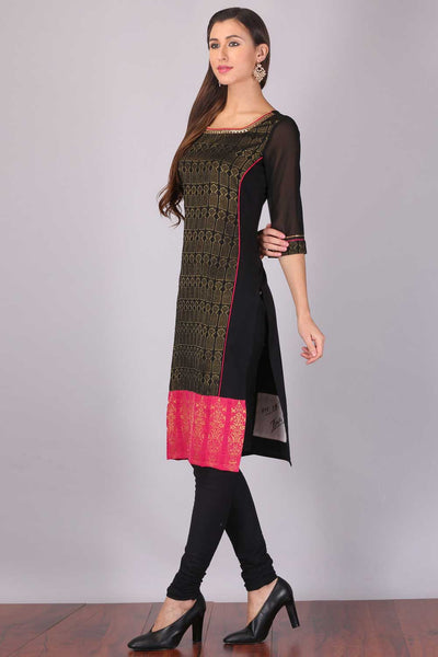 Black Printed Stylized Round Neck kurta Set