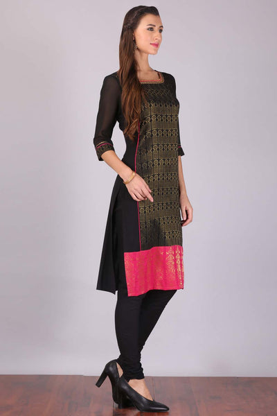 Black Printed Stylized Round Neck kurta Set