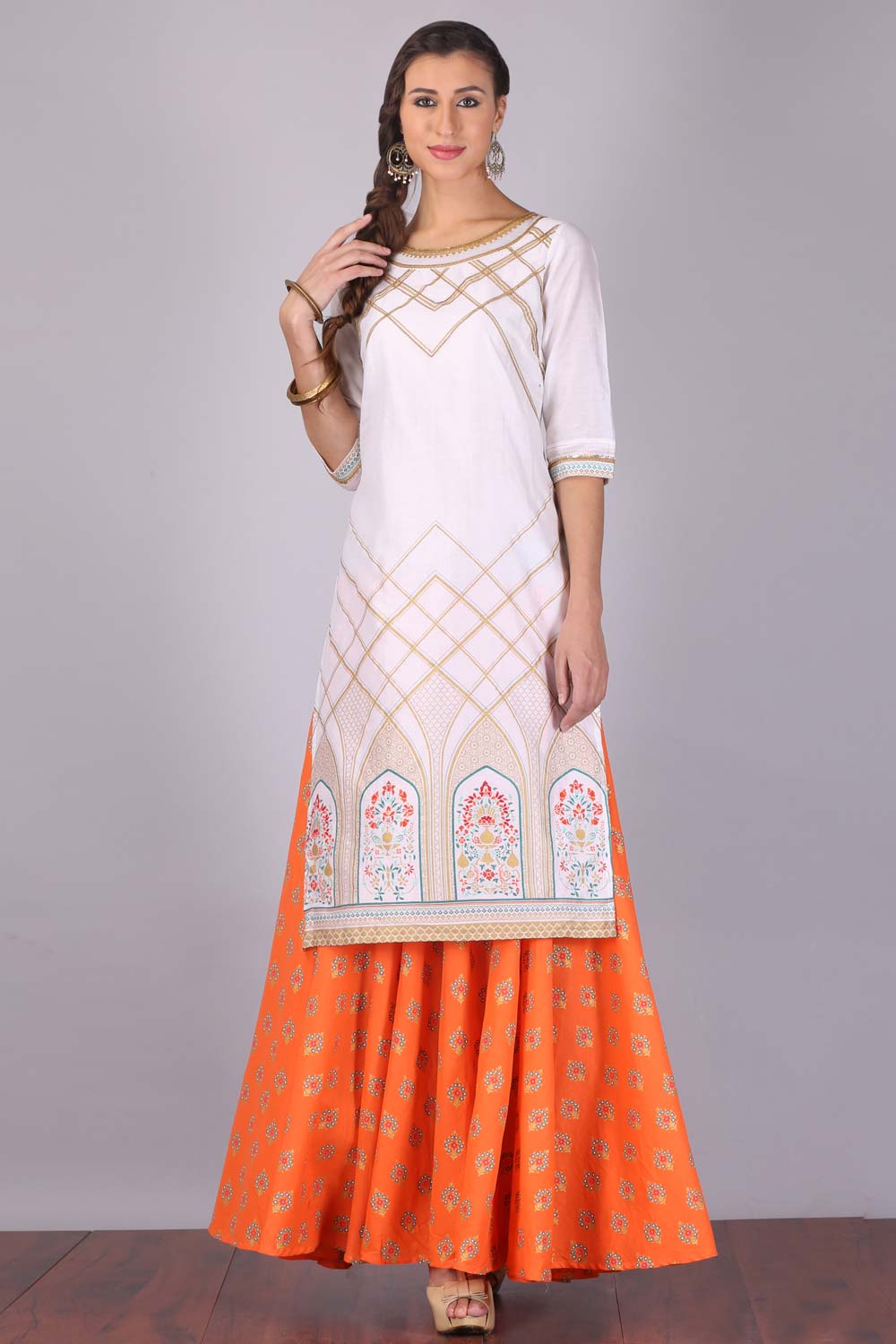 White &amp; Orange kurta Set