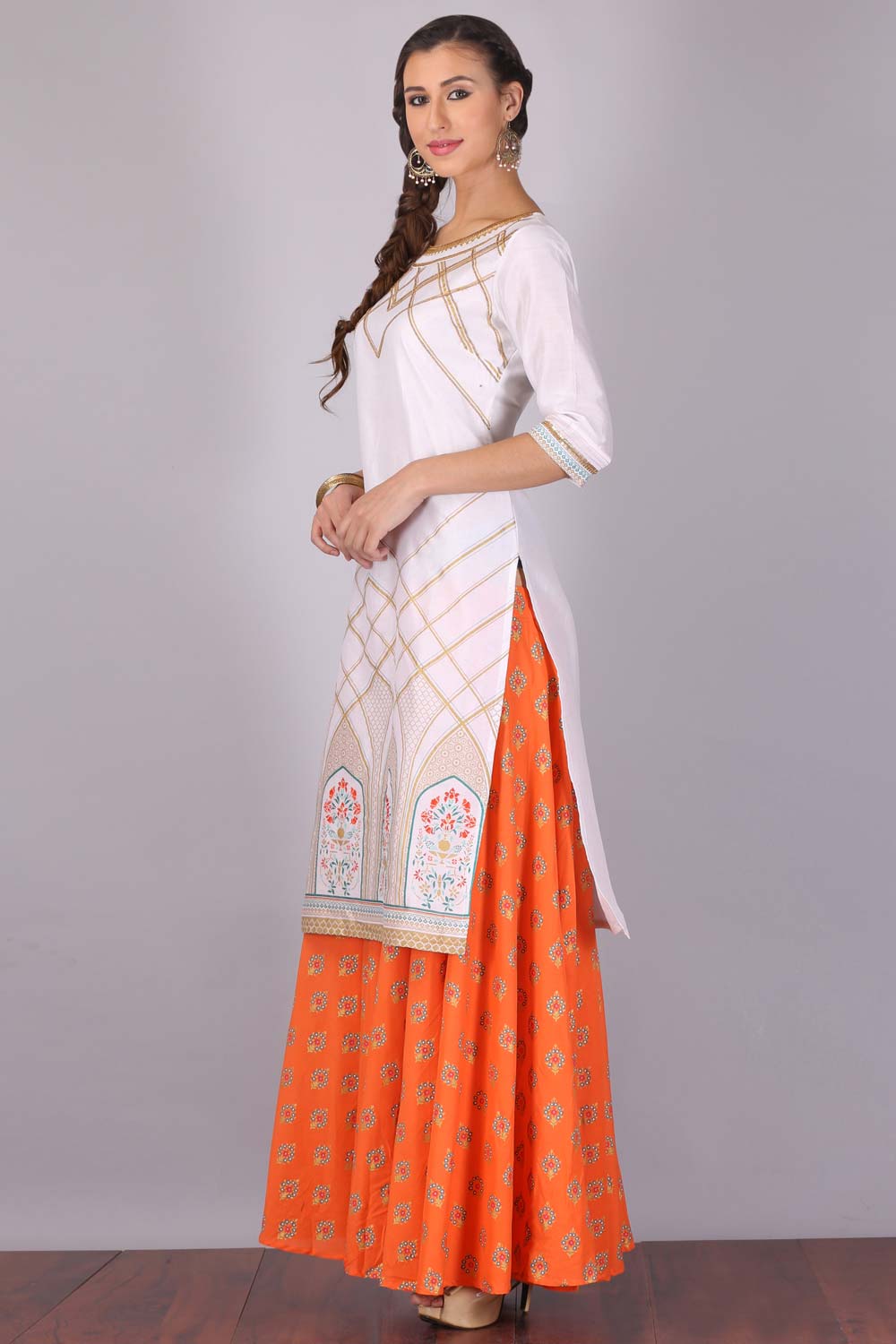 White &amp; Orange kurta Set