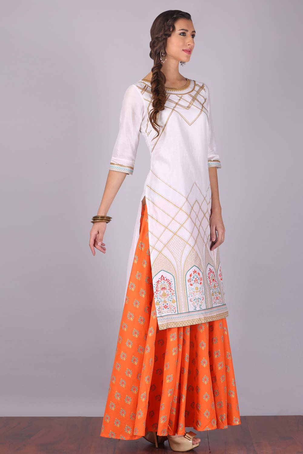 White &amp; Orange kurta Set